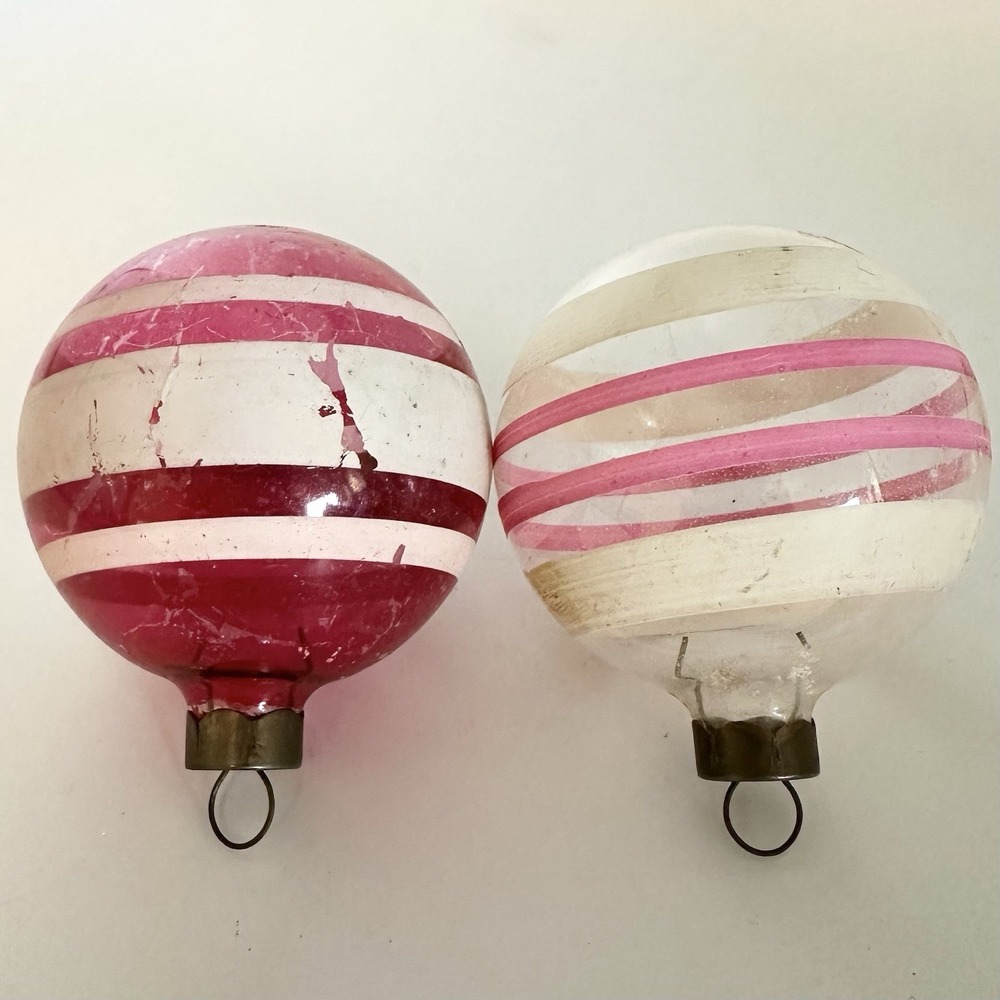 Vintage Unsilvered Christmas Ornaments Striped READ Pink White Made In USA
